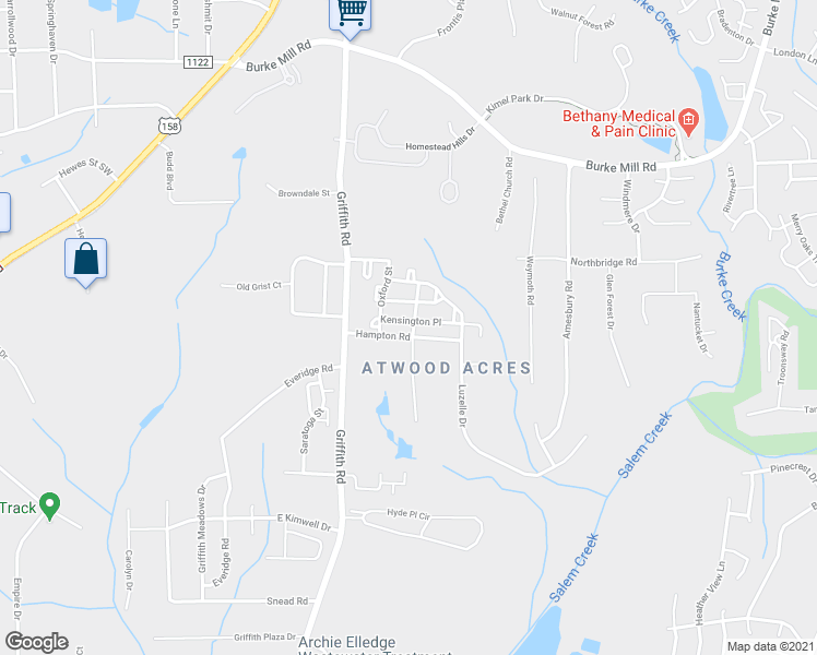 map of restaurants, bars, coffee shops, grocery stores, and more near 3208 Kensington Place in Winston-Salem