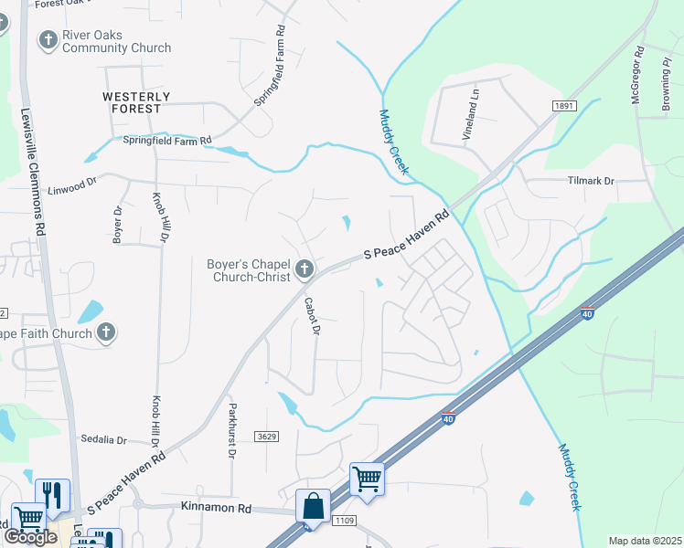 map of restaurants, bars, coffee shops, grocery stores, and more near 787 Haven Way Court in Winston-Salem