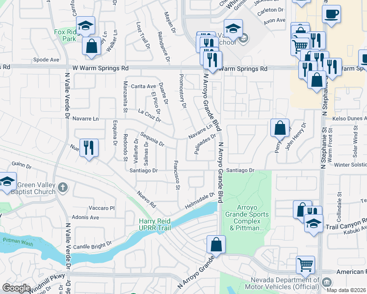 map of restaurants, bars, coffee shops, grocery stores, and more near 322 Francisco Street in Henderson
