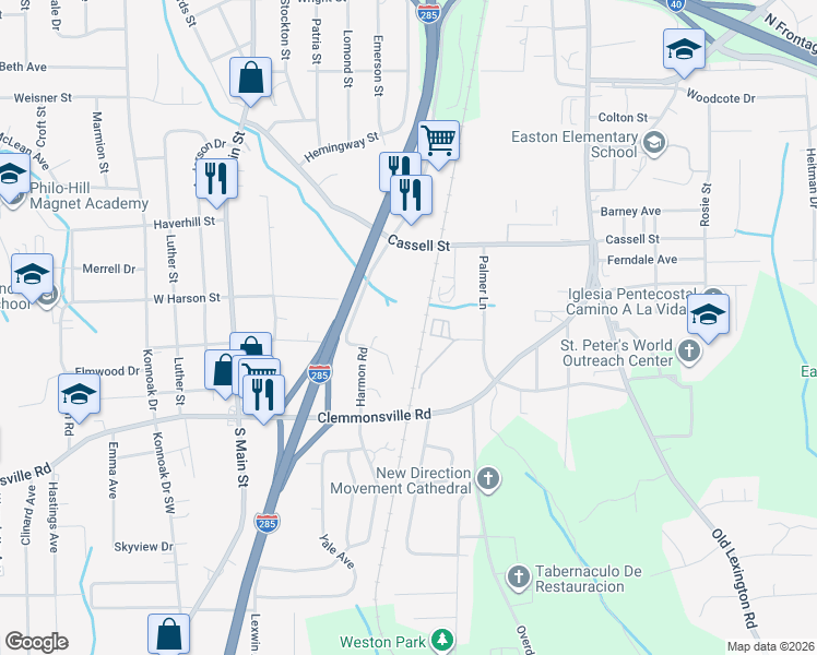 map of restaurants, bars, coffee shops, grocery stores, and more near 3216 Starlight Drive in Winston-Salem