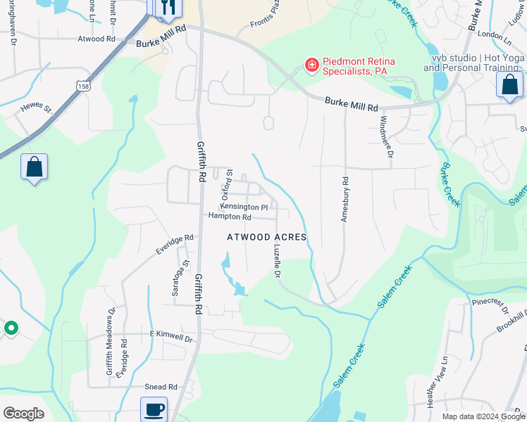 map of restaurants, bars, coffee shops, grocery stores, and more near 3133 Kensington Place in Winston-Salem