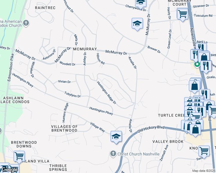 map of restaurants, bars, coffee shops, grocery stores, and more near 440 Huntington Ridge Drive in Nashville
