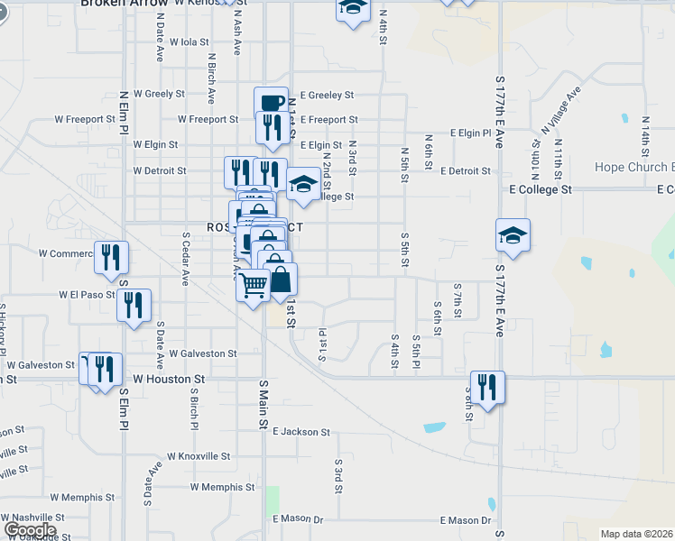 map of restaurants, bars, coffee shops, grocery stores, and more near 311 East Commercial Street in Broken Arrow