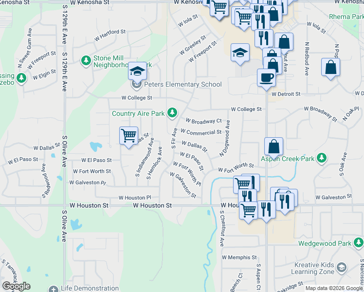map of restaurants, bars, coffee shops, grocery stores, and more near 2644 West Dallas Street in Broken Arrow