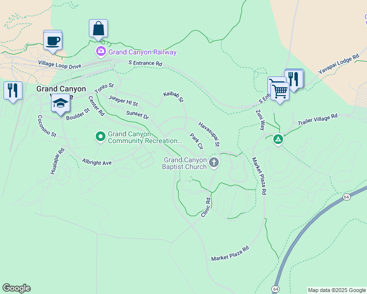map of restaurants, bars, coffee shops, grocery stores, and more near in Grand Canyon Village