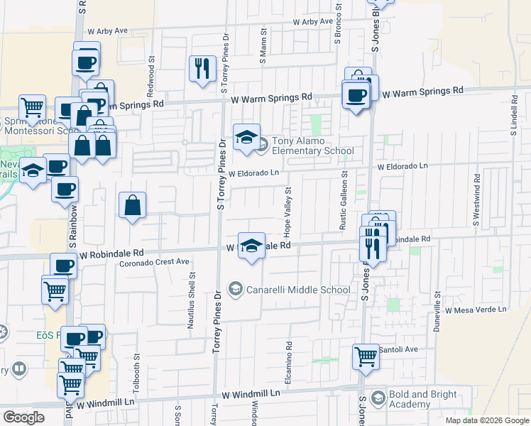 map of restaurants, bars, coffee shops, grocery stores, and more near 6378 Bright Nimbus Avenue in Las Vegas