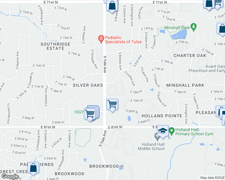 map of restaurants, bars, coffee shops, grocery stores, and more near 7719 South Yale Avenue in Tulsa