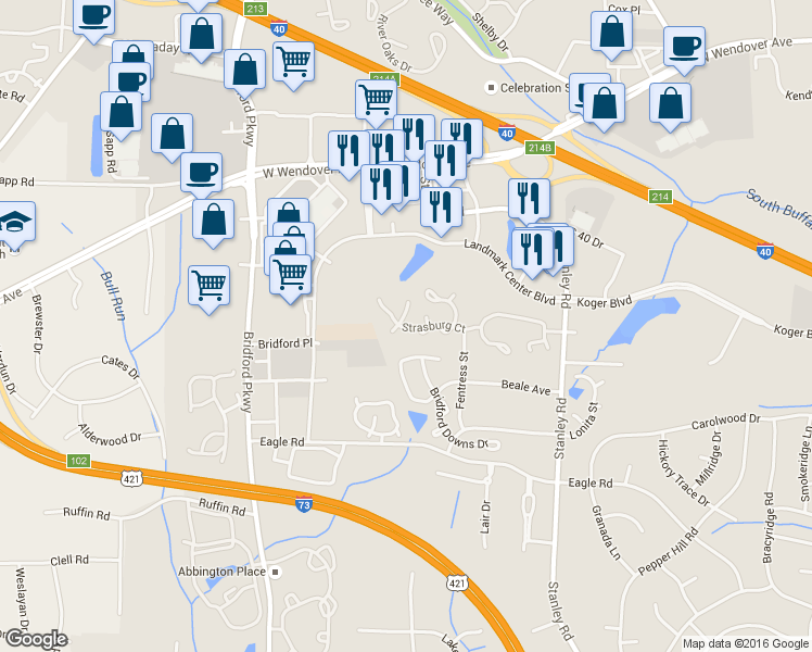 map of restaurants, bars, coffee shops, grocery stores, and more near 2 Peggy Sue Court in Greensboro