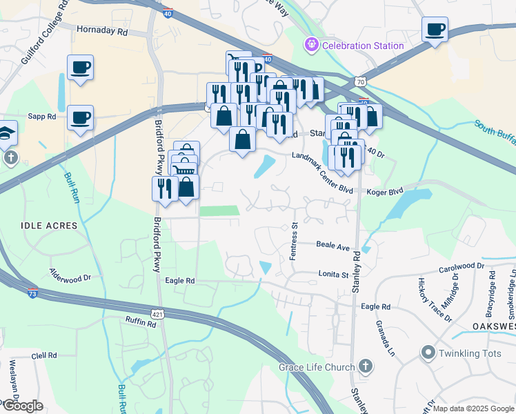 map of restaurants, bars, coffee shops, grocery stores, and more near 2 Peggy Sue Court in Greensboro