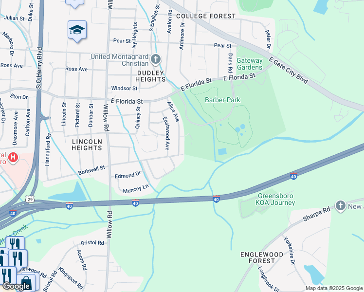 map of restaurants, bars, coffee shops, grocery stores, and more near 1709 Alice Avenue in Greensboro