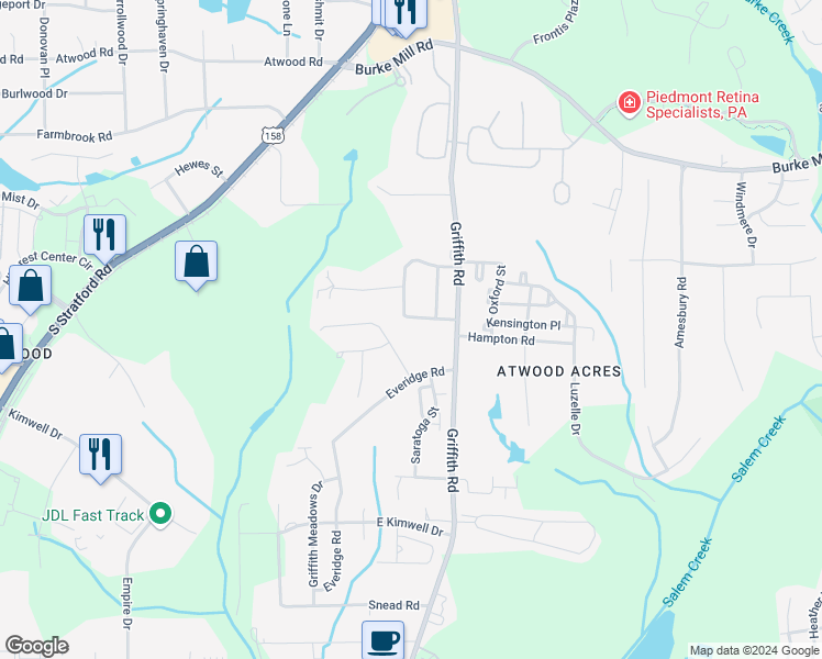 map of restaurants, bars, coffee shops, grocery stores, and more near 3455 Waterwheel Circle in Winston-Salem