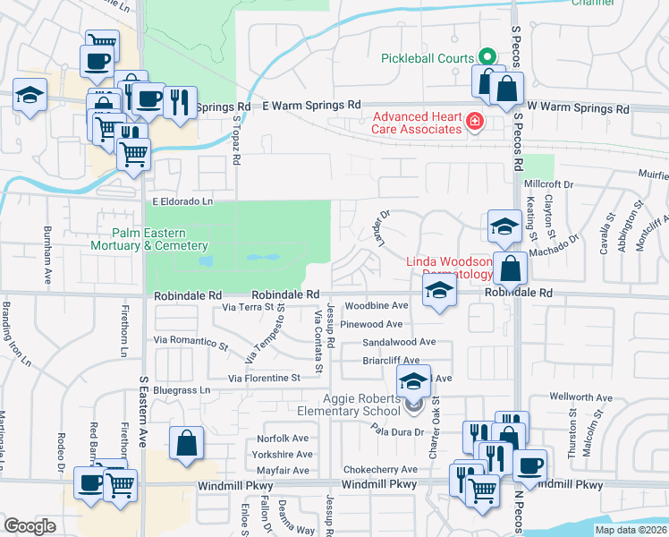 map of restaurants, bars, coffee shops, grocery stores, and more near 2792 Fountain Ridge Lane in Henderson