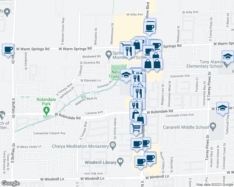 map of restaurants, bars, coffee shops, grocery stores, and more near 7587 Timber Gate Street in Las Vegas
