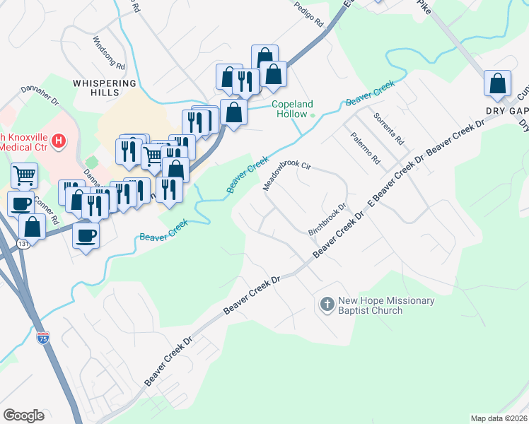 map of restaurants, bars, coffee shops, grocery stores, and more near 7201 Meadowbrook Circle in Knoxville
