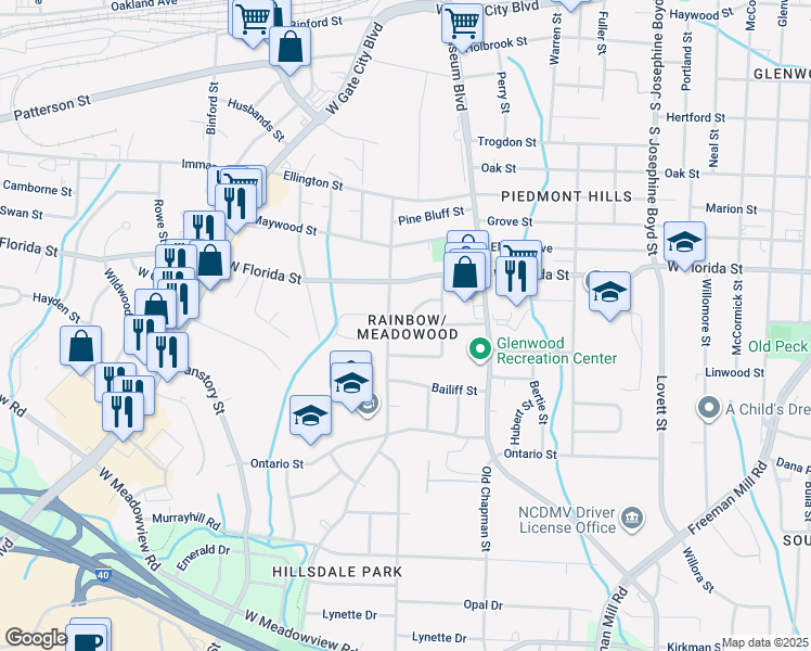 map of restaurants, bars, coffee shops, grocery stores, and more near 2011 Carpenter Street in Greensboro