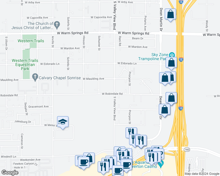 map of restaurants, bars, coffee shops, grocery stores, and more near 7655 South Valley View Boulevard in Las Vegas