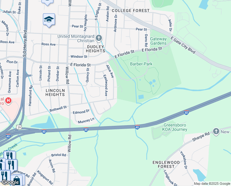 map of restaurants, bars, coffee shops, grocery stores, and more near 1709 Alice Avenue in Greensboro