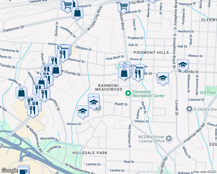 map of restaurants, bars, coffee shops, grocery stores, and more near 2011 Carpenter Street in Greensboro
