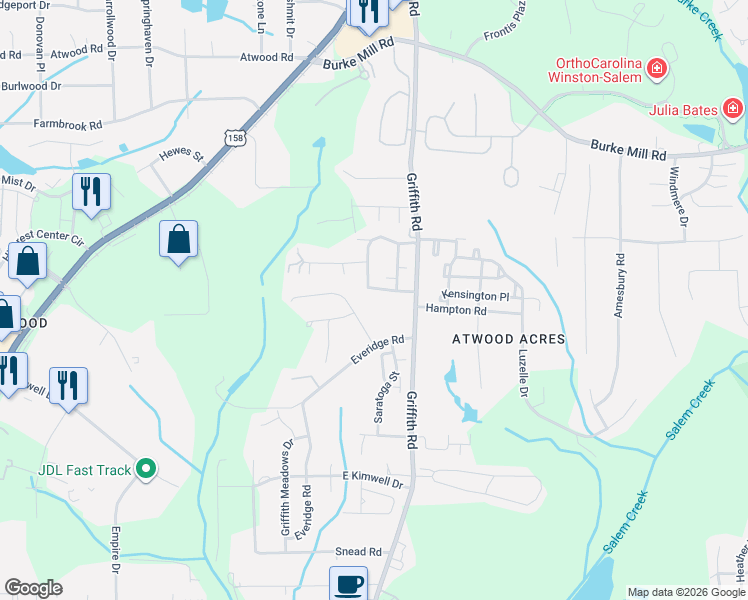 map of restaurants, bars, coffee shops, grocery stores, and more near 3463 Waterwheel Circle in Winston-Salem