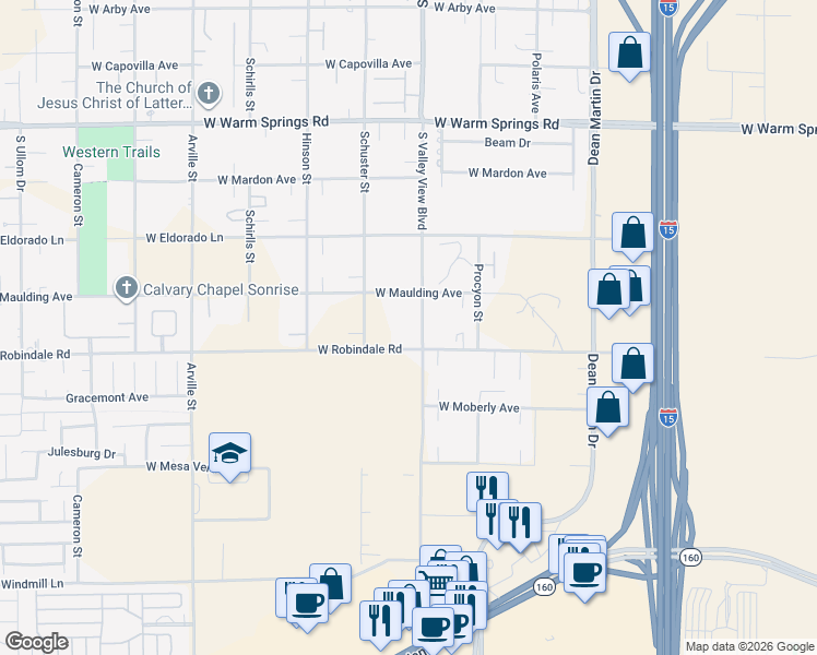 map of restaurants, bars, coffee shops, grocery stores, and more near 7655 South Valley View Boulevard in Las Vegas