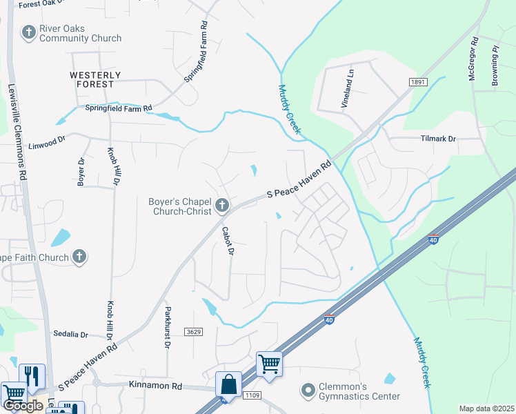 map of restaurants, bars, coffee shops, grocery stores, and more near 781 Haven Way Court in Winston-Salem