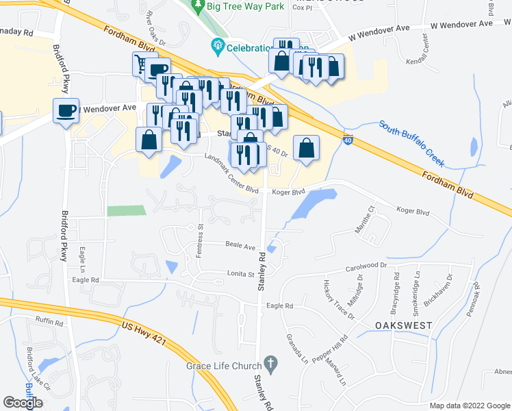 map of restaurants, bars, coffee shops, grocery stores, and more near 5002 Bartholomew's Lane in Greensboro