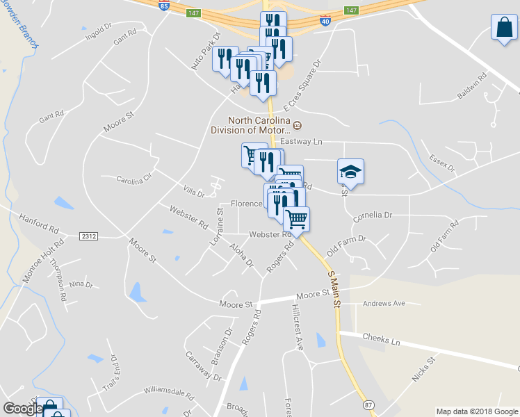 map of restaurants, bars, coffee shops, grocery stores, and more near 114 Florence Street in Graham