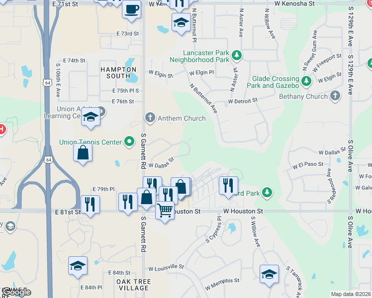 map of restaurants, bars, coffee shops, grocery stores, and more near 113 South Desert Palm Avenue in Broken Arrow