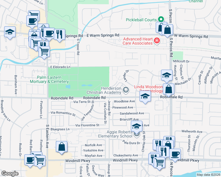 map of restaurants, bars, coffee shops, grocery stores, and more near 2772 Fountain Ridge Lane in Henderson