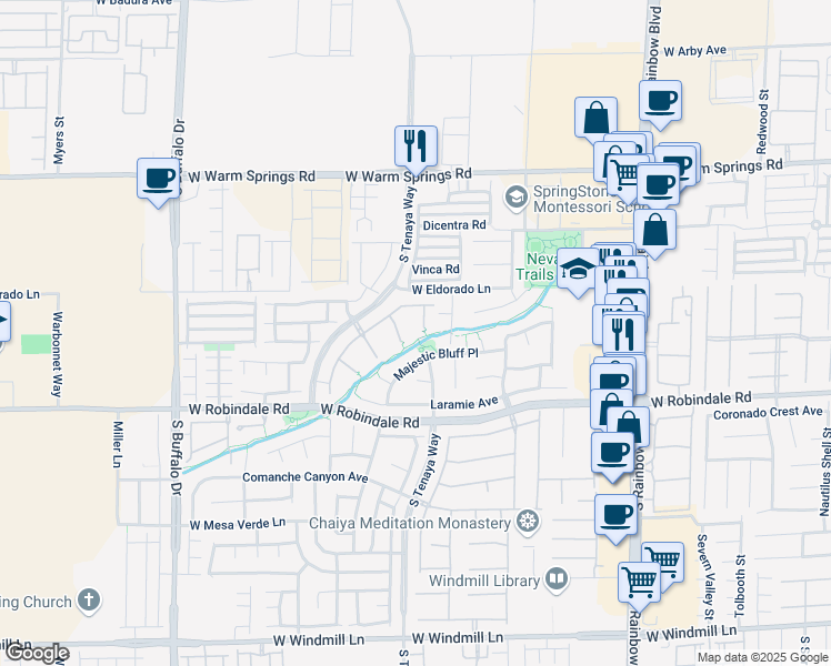 map of restaurants, bars, coffee shops, grocery stores, and more near 7552 Javelina Court in Las Vegas