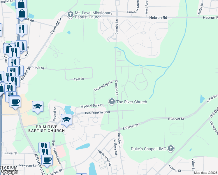 map of restaurants, bars, coffee shops, grocery stores, and more near 4238 Technology Drive in Durham