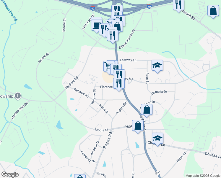 map of restaurants, bars, coffee shops, grocery stores, and more near 119 Florence Street in Graham
