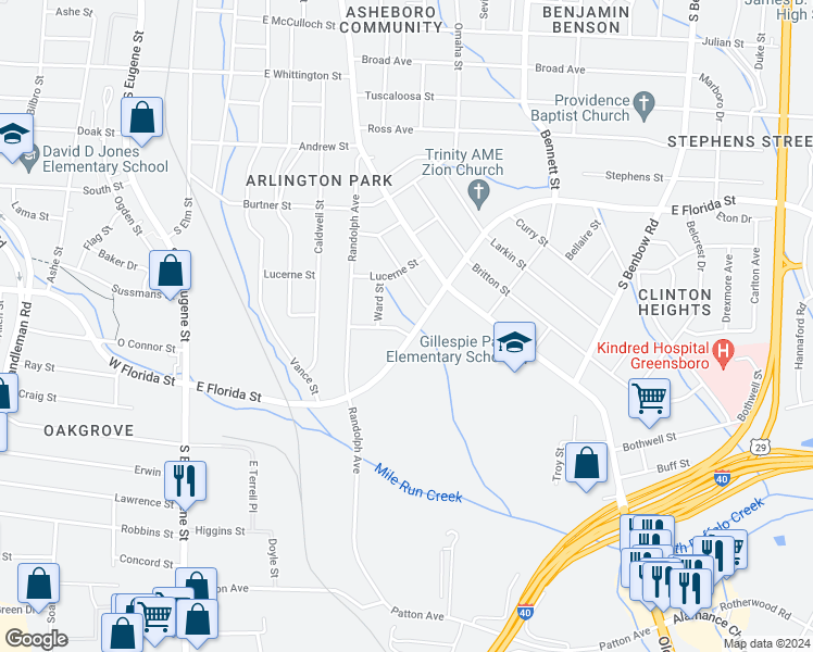 map of restaurants, bars, coffee shops, grocery stores, and more near 1519 Ward Street in Greensboro