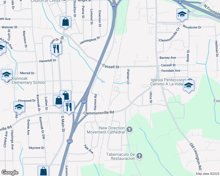 map of restaurants, bars, coffee shops, grocery stores, and more near 3216 Starlight Drive in Winston-Salem