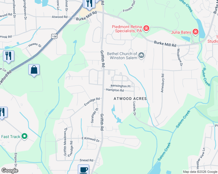 map of restaurants, bars, coffee shops, grocery stores, and more near 3345 Kensington Place in Winston-Salem