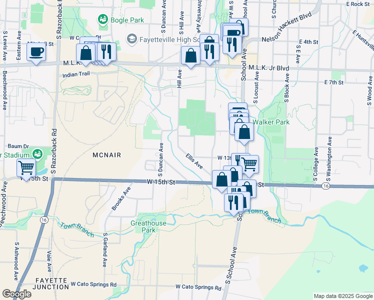 map of restaurants, bars, coffee shops, grocery stores, and more near 1146 Ellis Avenue in Fayetteville