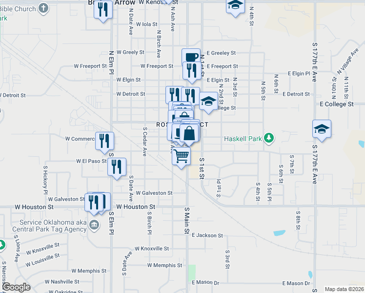 map of restaurants, bars, coffee shops, grocery stores, and more near 117 West Commercial Street in Broken Arrow