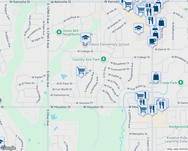 map of restaurants, bars, coffee shops, grocery stores, and more near 2905 West Dallas Street in Broken Arrow