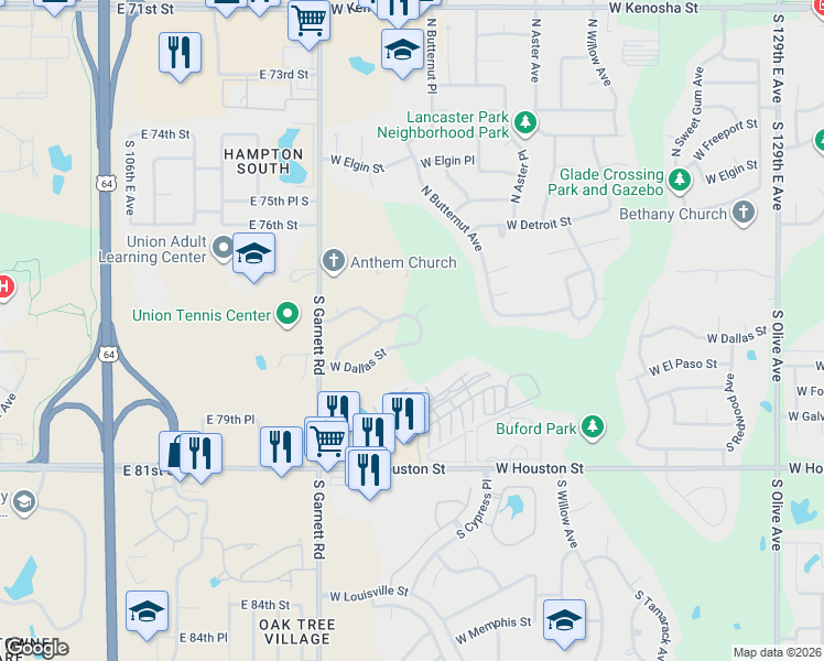 map of restaurants, bars, coffee shops, grocery stores, and more near 113 South Desert Palm Avenue in Broken Arrow