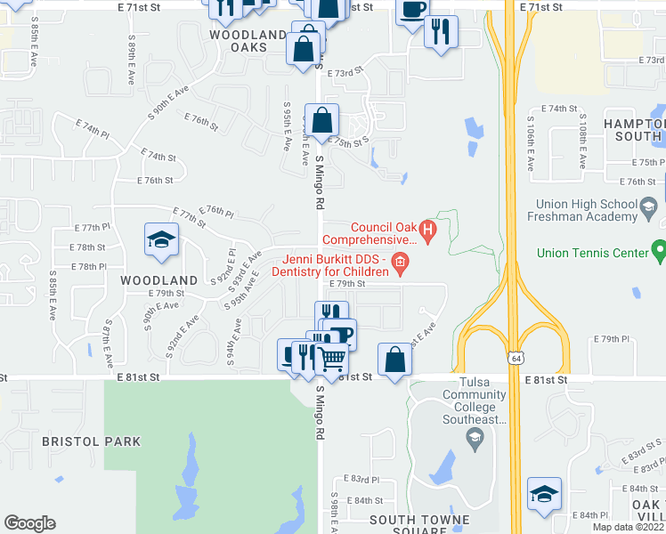 map of restaurants, bars, coffee shops, grocery stores, and more near 7807 South Mingo Road in Tulsa