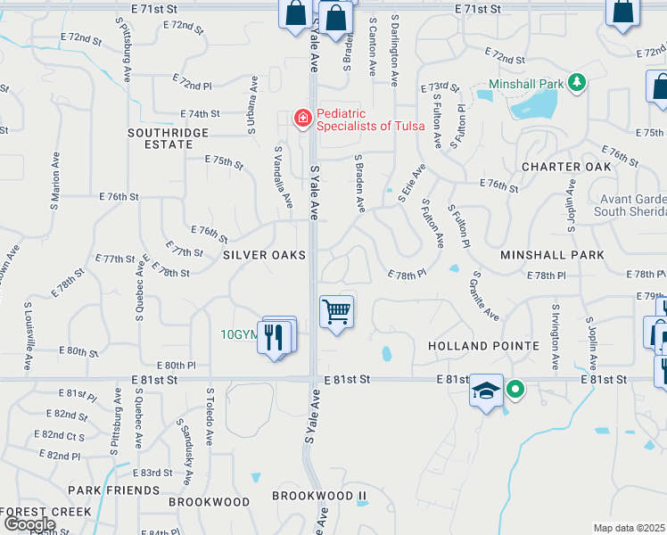 map of restaurants, bars, coffee shops, grocery stores, and more near 7719 South Yale Avenue in Tulsa