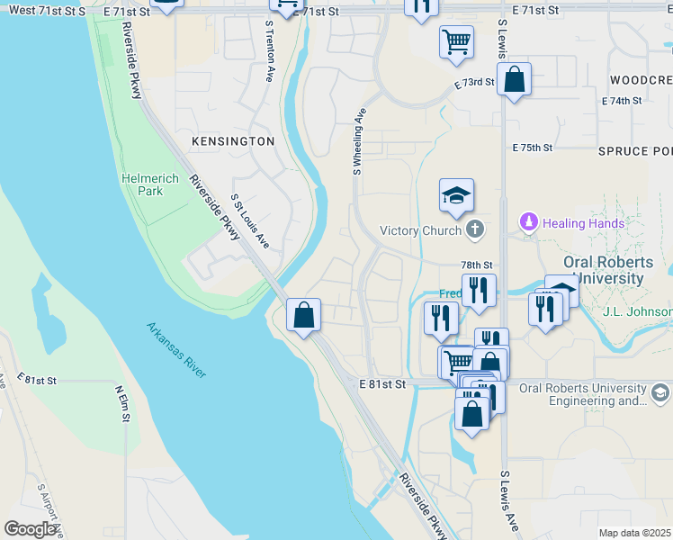 map of restaurants, bars, coffee shops, grocery stores, and more near 7901 Riverside Drive in Tulsa