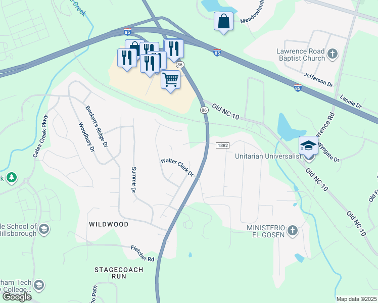 map of restaurants, bars, coffee shops, grocery stores, and more near 2300 Wade Hampton Road in Hillsborough