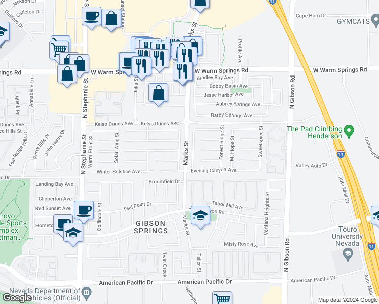 map of restaurants, bars, coffee shops, grocery stores, and more near 317 Desert Knolls Street in Henderson