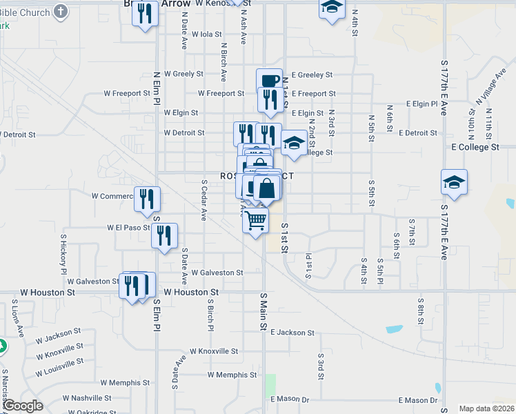 map of restaurants, bars, coffee shops, grocery stores, and more near 117 West Commercial Street in Broken Arrow