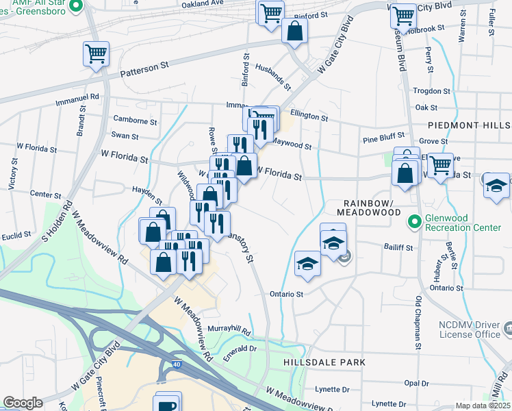 map of restaurants, bars, coffee shops, grocery stores, and more near 2614 Grimsley Street in Greensboro