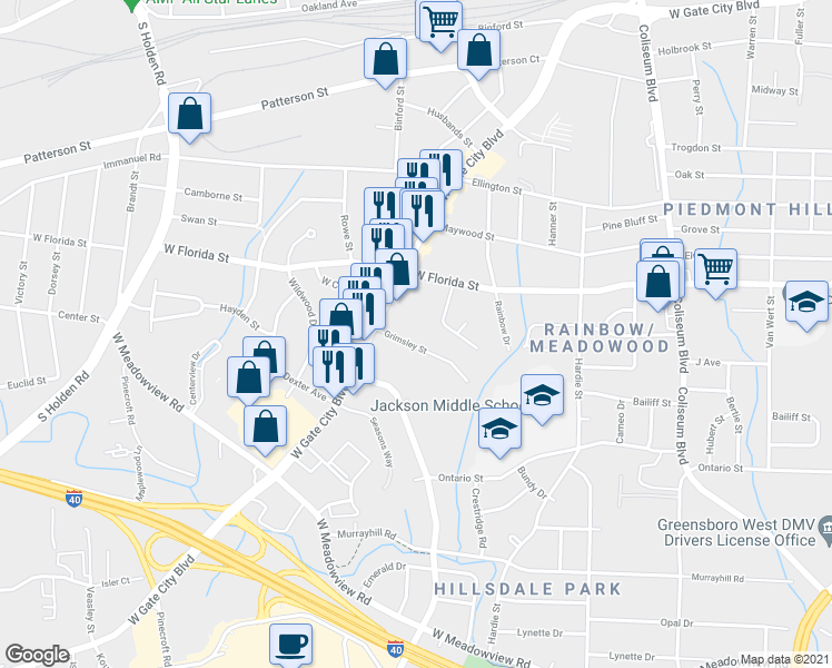 map of restaurants, bars, coffee shops, grocery stores, and more near 2614 Grimsley Street in Greensboro