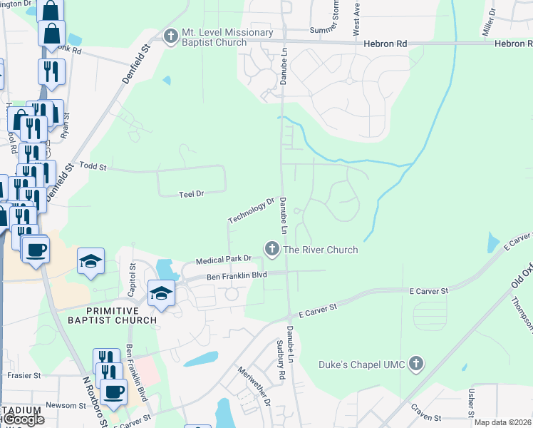 map of restaurants, bars, coffee shops, grocery stores, and more near 4238 Technology Drive in Durham