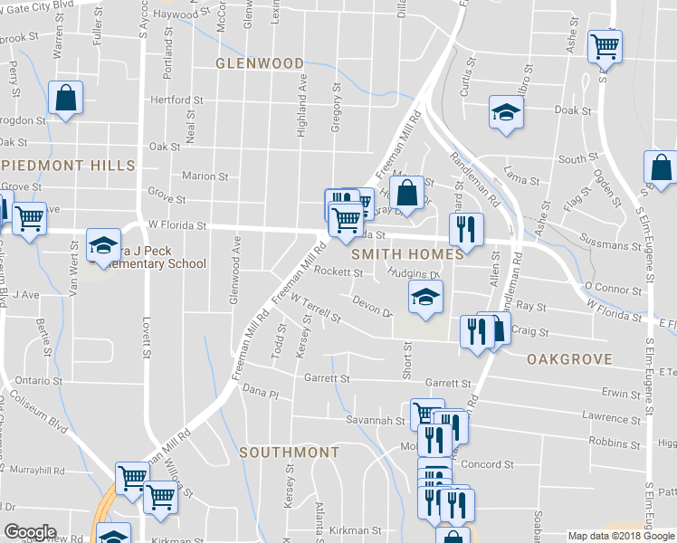 map of restaurants, bars, coffee shops, grocery stores, and more near 806 Rockett Street in Greensboro