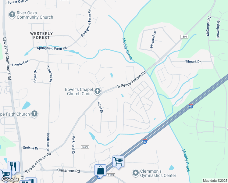 map of restaurants, bars, coffee shops, grocery stores, and more near 781 Haven Way Court in Winston-Salem